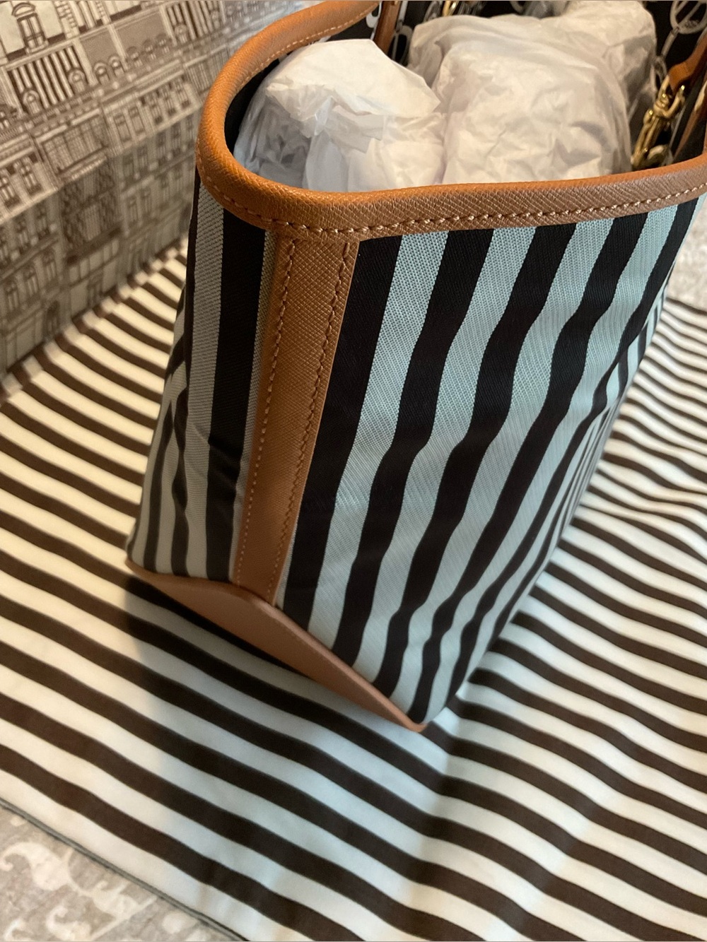 Henri Bendel Mink and Silver Premium Stripe Tote with  Chestnut Saffiano Trim - Picture 7 of 16